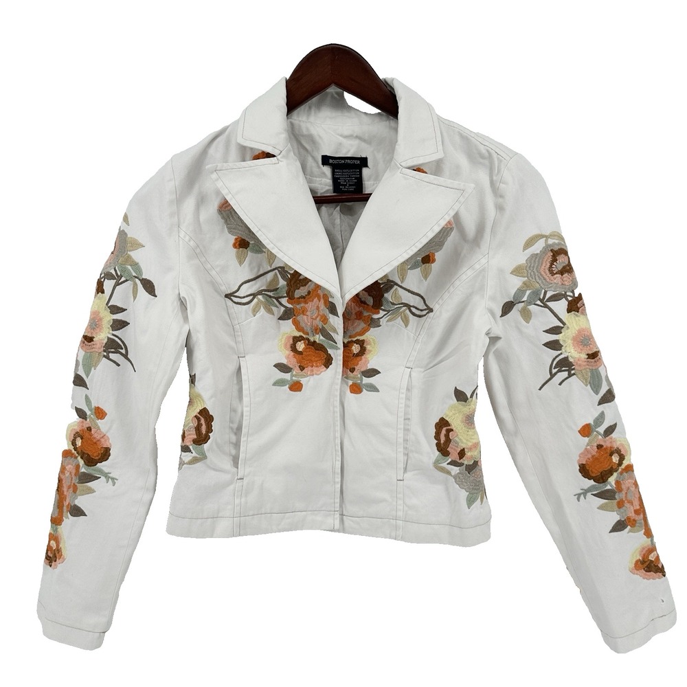 Boston Proper White Denim Floral Embroidered Biker Jacket Size 4